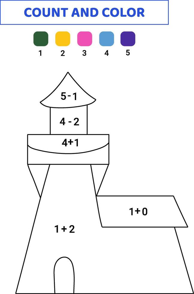 Count and color cute lighthouse. Math game for kids. Doodle illustration isolated on white background. vector