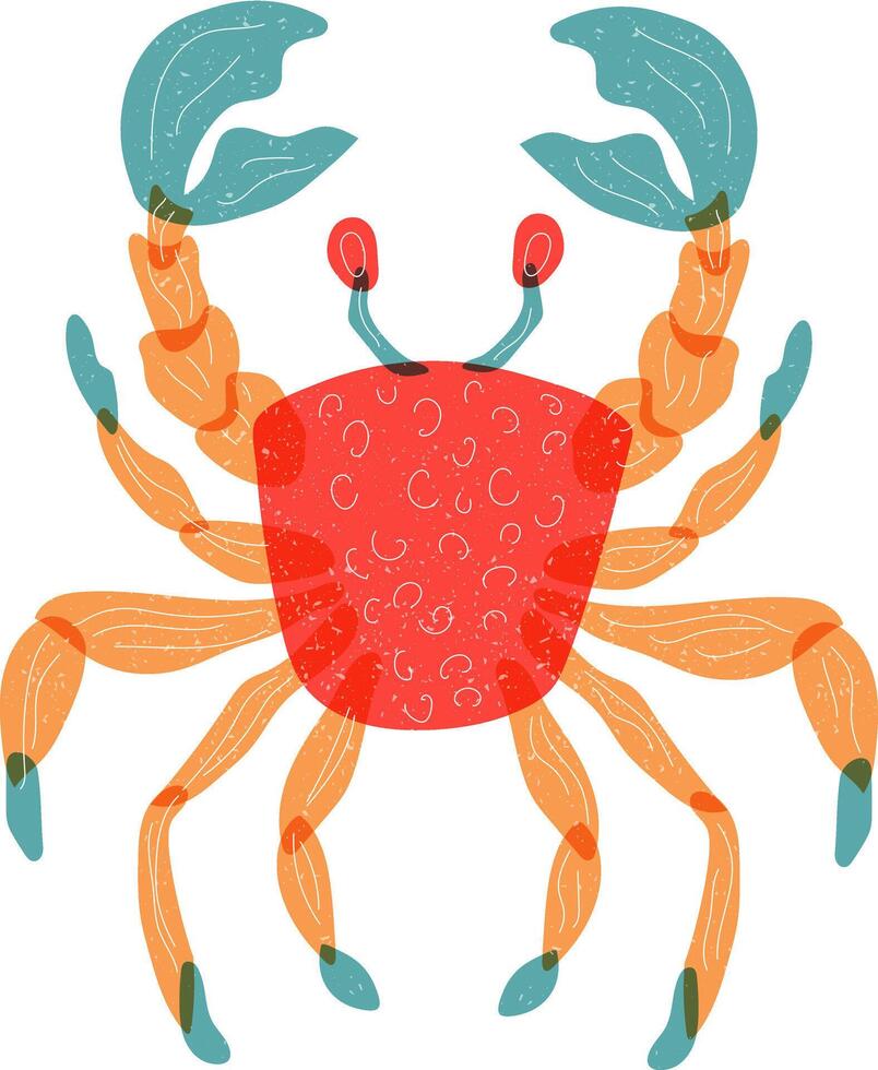 Crab vector illustration in a minimal doodle style isolated on white background. World Ocean Day concept. Sea hand drawn animal with retro risograph effect.
