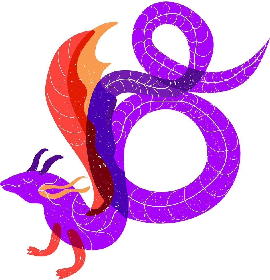 Hand drawn Dragon with retro risograph effect. Vector illustration in a minimal doodle style isolated on white background. Chinese zodiac Dragon symbol.