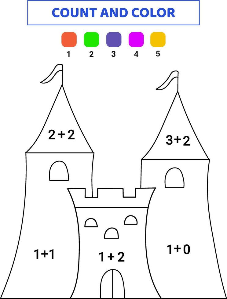 Count and color cute castle. Math game for kids. Doodle illustration isolated on white background. vector