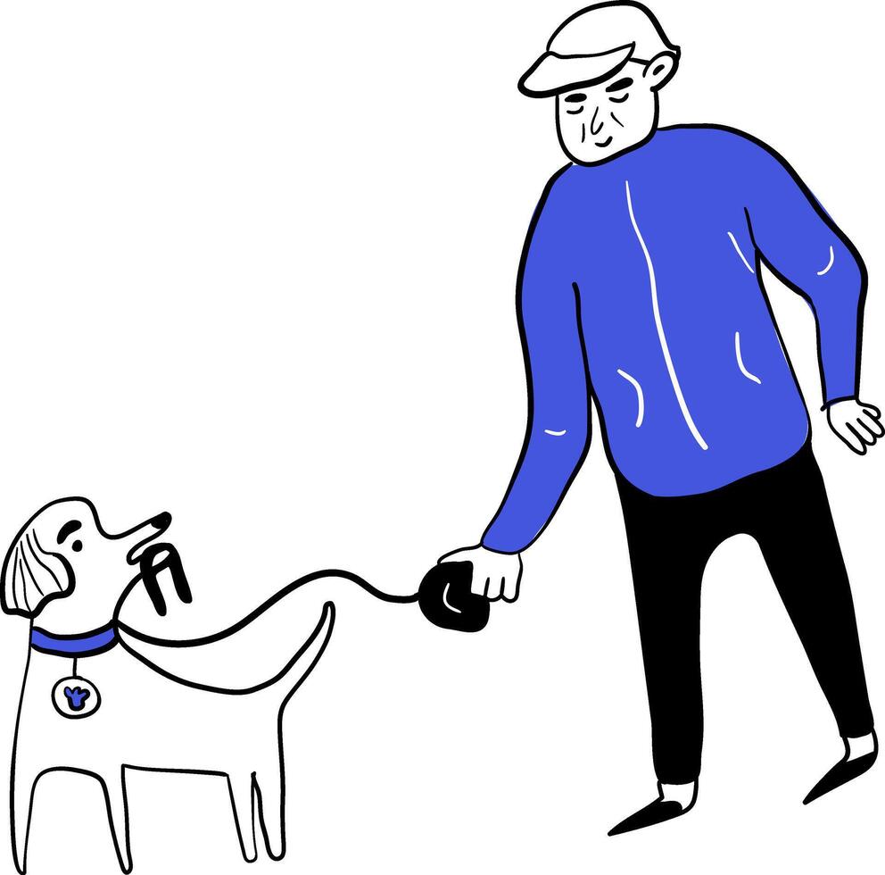 A lonely old man is walking with his dog, holding it by the leash. The concept of mental health and the prevention of depression. Doodle vector illustration isolated on white background.