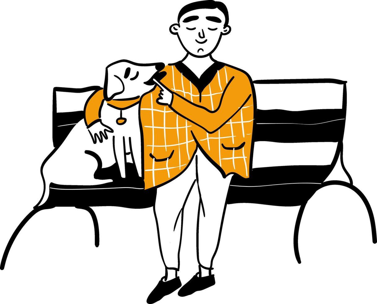 Man hugging his dog sitting on a bench.Concept of mental health and dog therapy.Vector illustration in doodle style isolated. vector