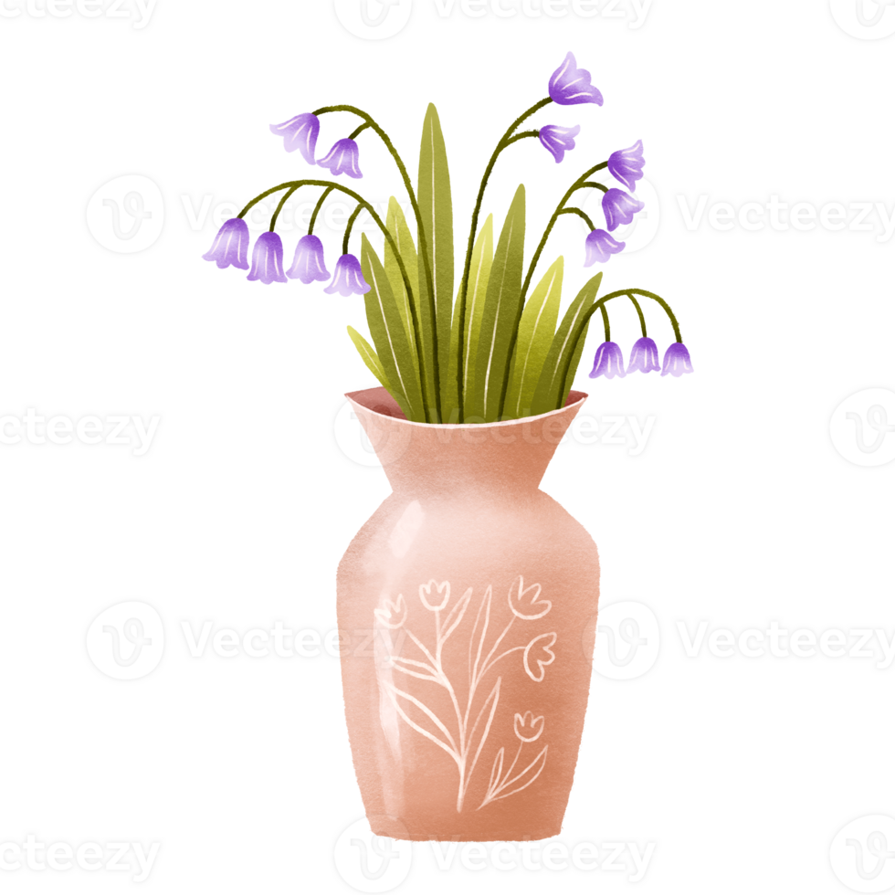 Brown clay vase with blue lilies. Hand drawn illustration on isolated background png