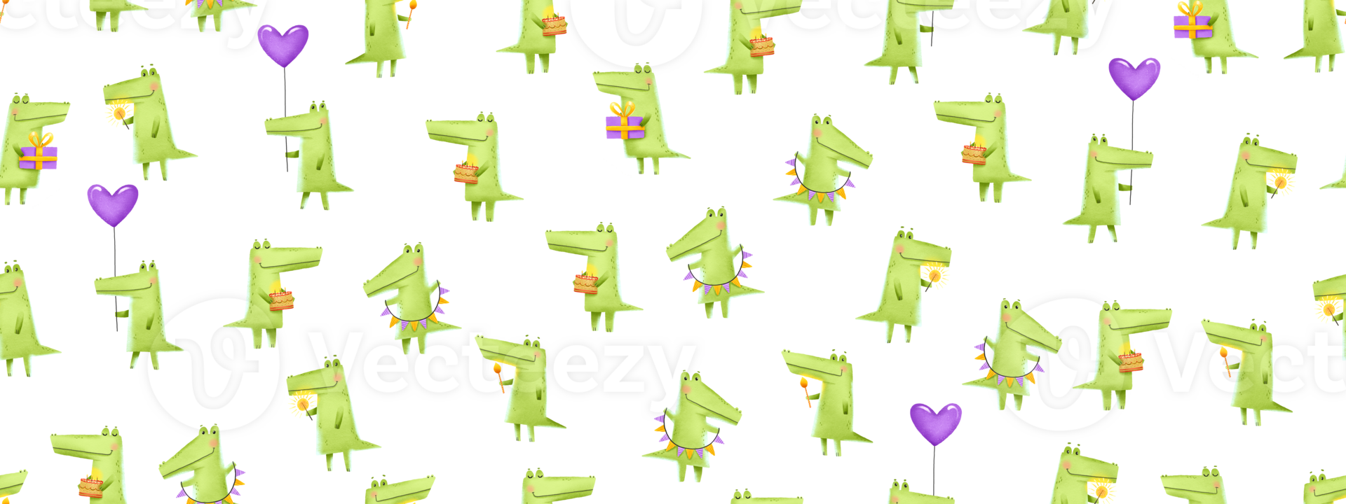 Minimalistic Seamless birthday pattern with green crocodiles. Alligators celebrate birthday with gifts, balloons and cakes, sparklers. Purple background with monsters. Ideal for wrapping paper png