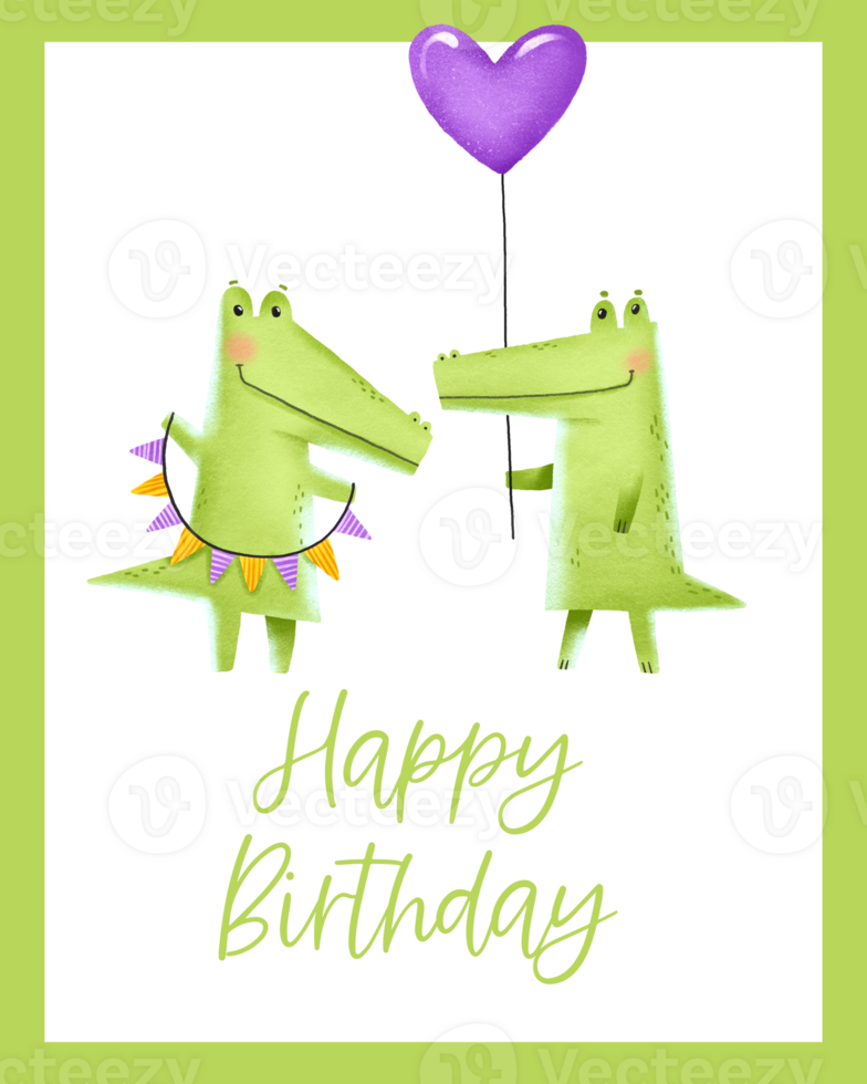 Holiday card for children's birthday. Two green crocodiles with a festive balloon in the shape of a heart and a garland. Happy birthday inscription. Hand drawn illustration on isolated background png