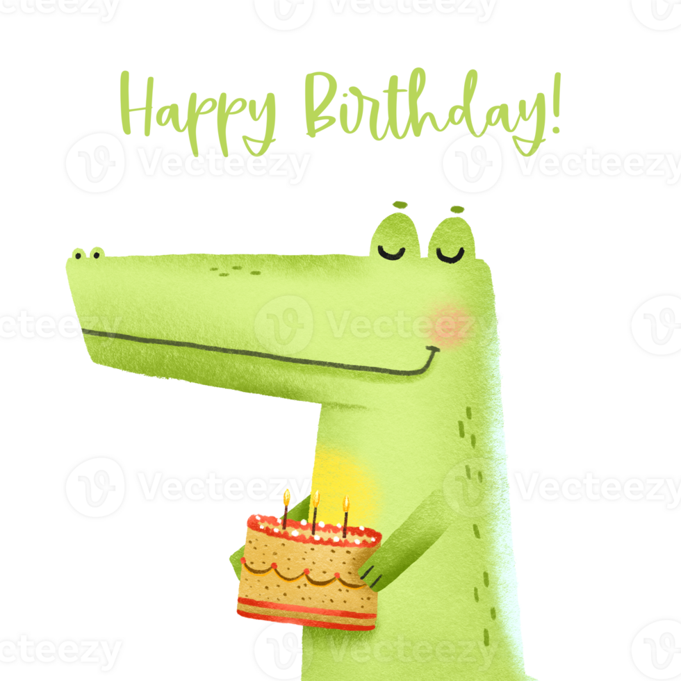feriado cartão com uma verde crocodilo e uma delicioso bolo com velas. desenho animado mão desenhado personagem. selvagem animais. feliz aniversário. isolado ilustração png