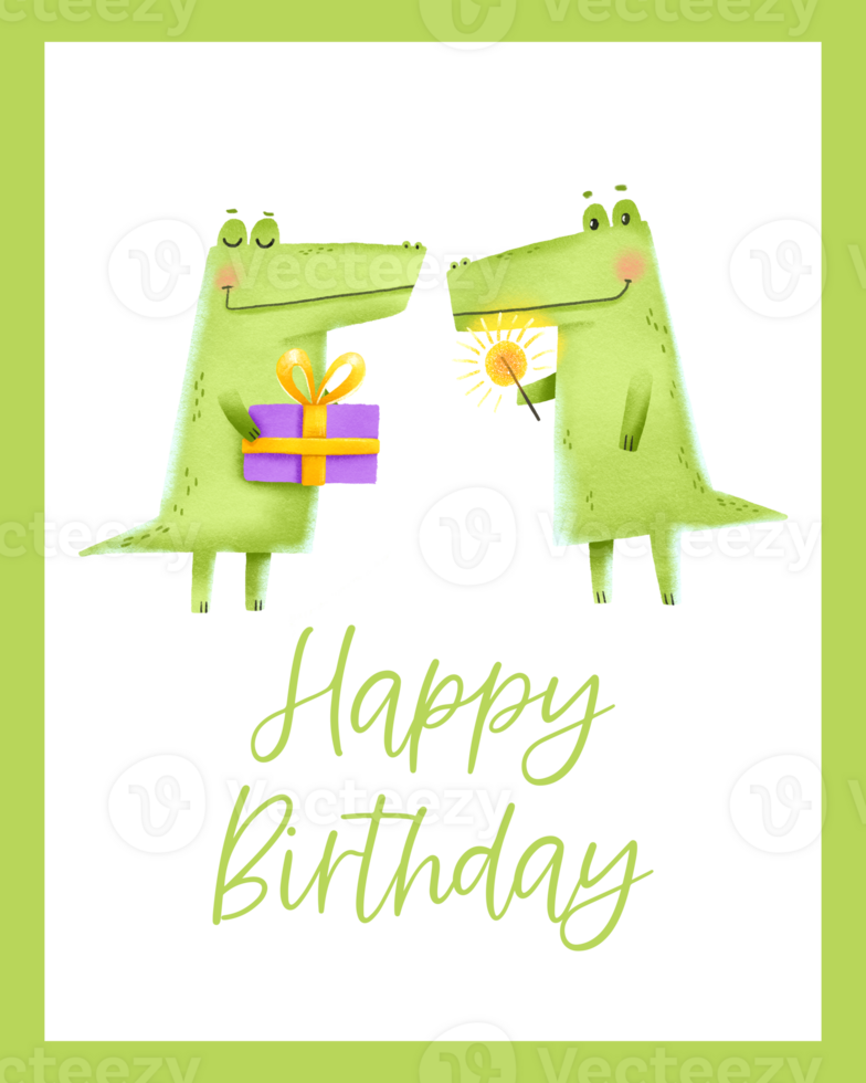 Holiday card for children's birthday. Two green crocodiles with a holiday gift and a sparkler. Happy birthday inscription. Hand drawn illustration on isolated background png
