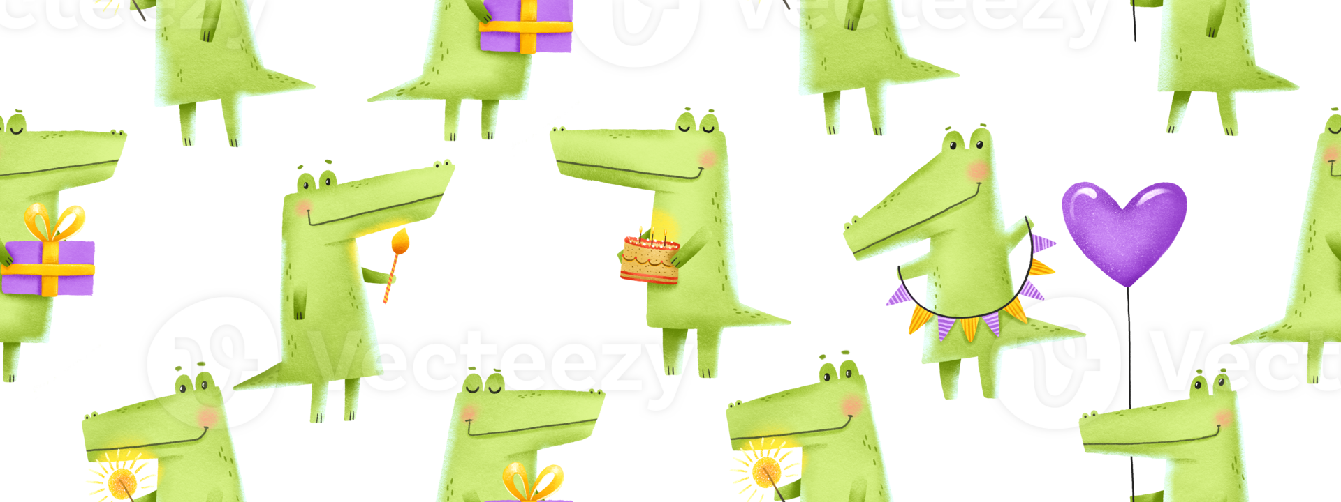 Seamless pattern for Birthday with green crocodiles. Crocodiles celebrating birthday with gifts, balloons and cakes. Endless background. Alligators and monsters. Ideal for wrapping paper png