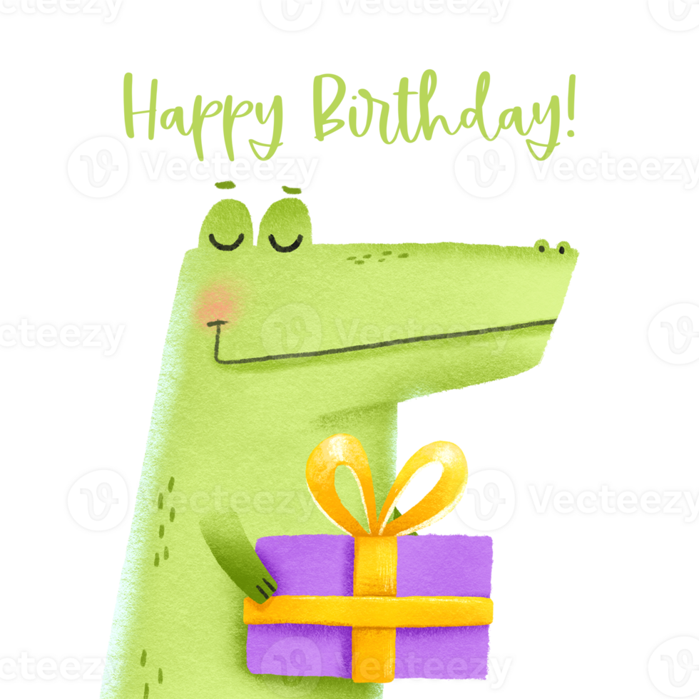Holiday card with a green crocodile with a gift box and a big bow. Cartoon hand drawn character. Wild animals. Happy birthday. Isolated illustration png