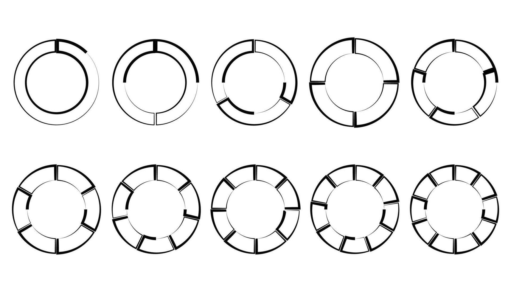 Set of different circles pie charts diagrams. Various sectors divide the circle into equal parts. vector