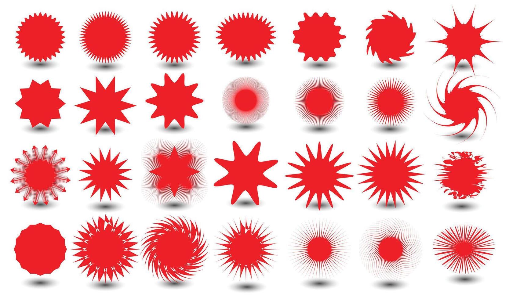 Starburst set red color, sun ray frames, sunburst badges, retro stars, sale or discount stickers. vector