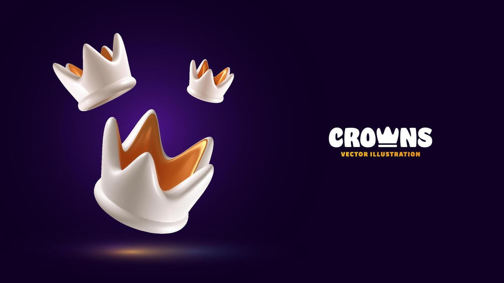 Golden and white crown with dark vector illustration. Luxury jewelry modern style banner template. Monarchy power premium design elements on dark background.