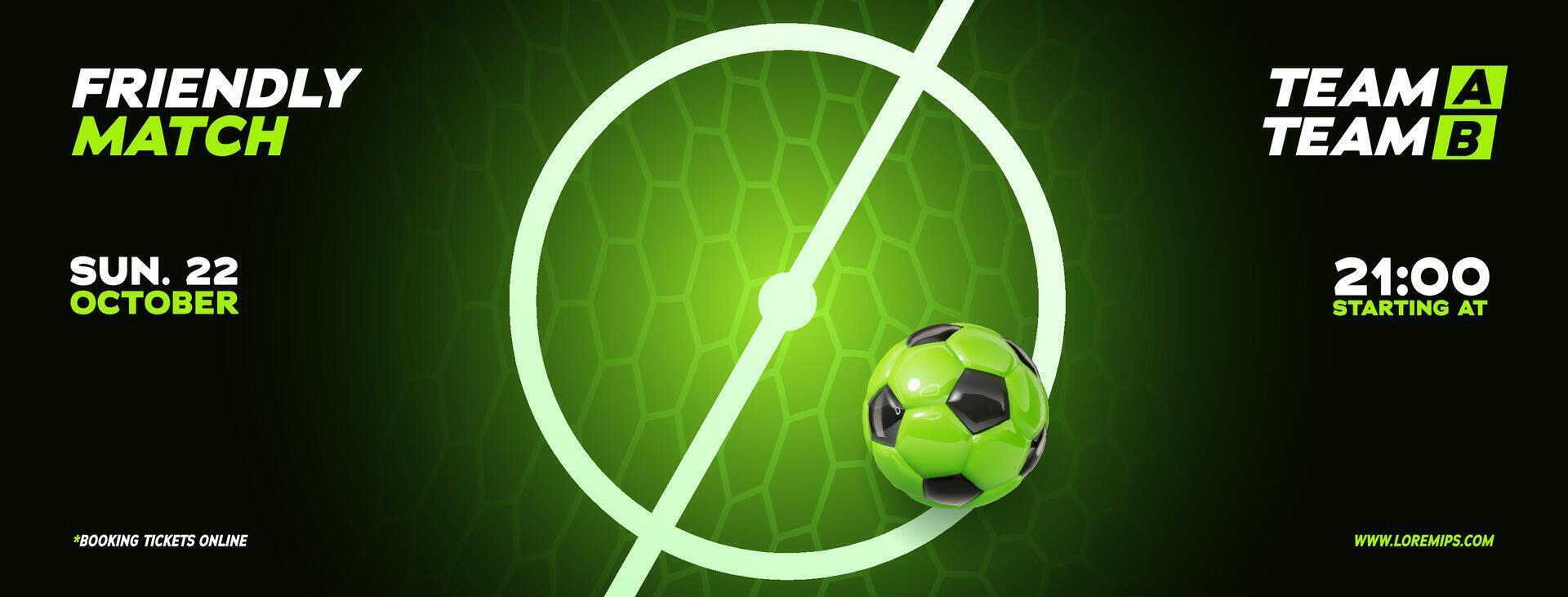 Football match vector banner. Soccer league match game layout template on green background. Sport poster with green football ball. Sport advertising template flyer.