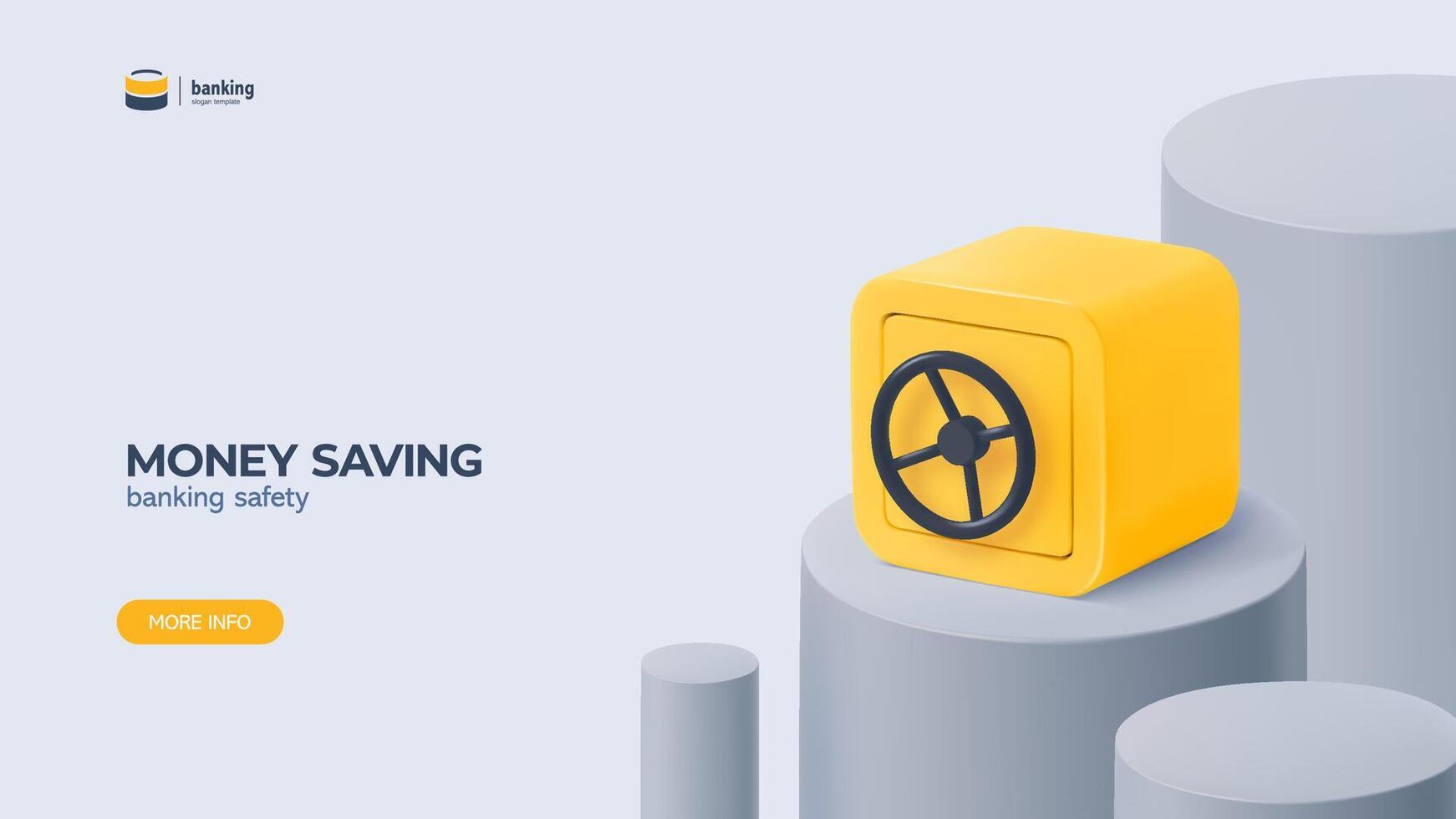 3d yellow safe box on pedestal vector illustration. Security box with closed door landing page template. Financial economics web banner. Saving money.
