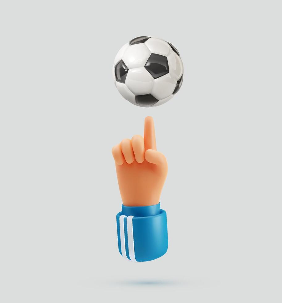 Human hand spinning soccer ball on the finger cartoon illustration . Football players arm holding ball on finger isolated design elements. Vector illustration.