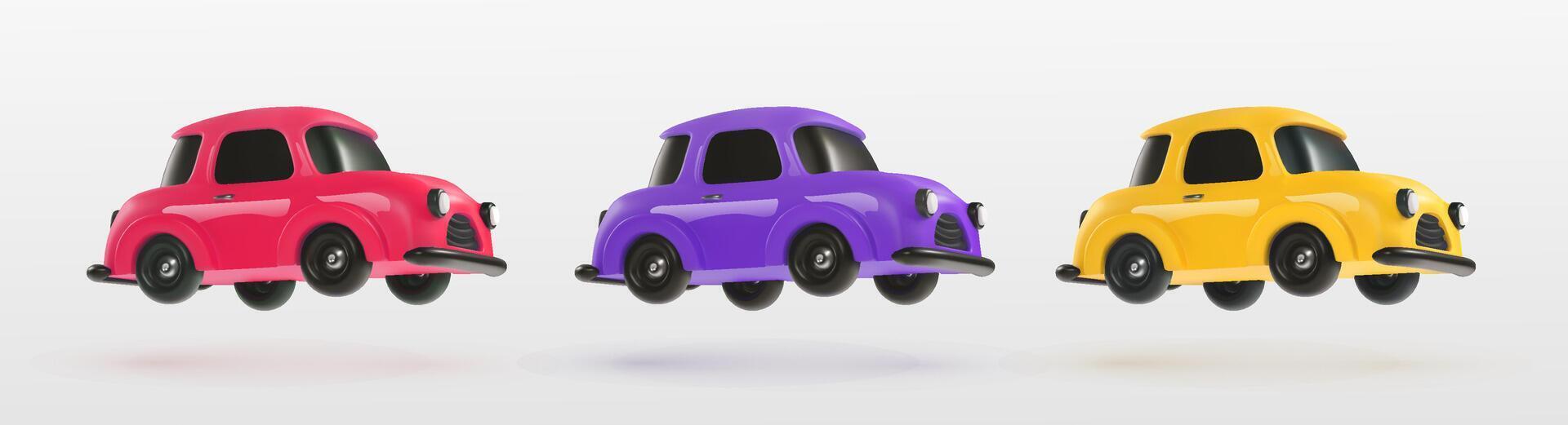 Colorful toy vehicle cars on light background. Collection of red, purple, yellow color mini model cars. 3d vector design elements on white background.