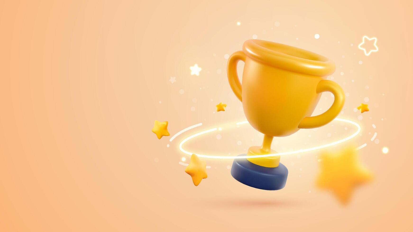 Champion cup 3d vector illustration. Win prize, first place sport competition. Cartoon trophy cup with flying stars on light background