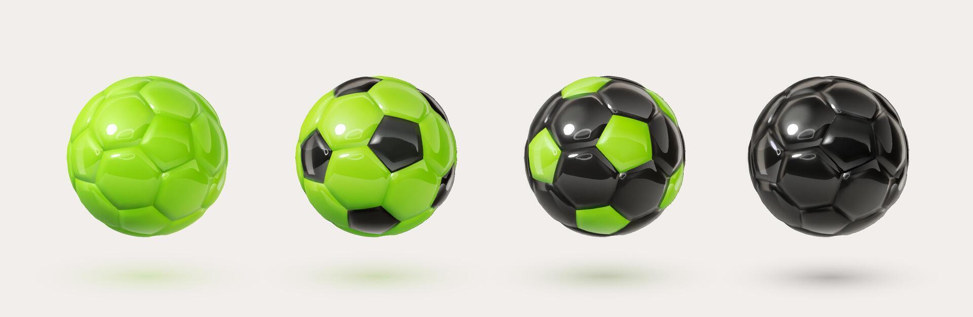 Green and black glossy football balls isolated design elements on white background. Colorful soccer balls collection. Vector 3d design elements. Sports close up icons