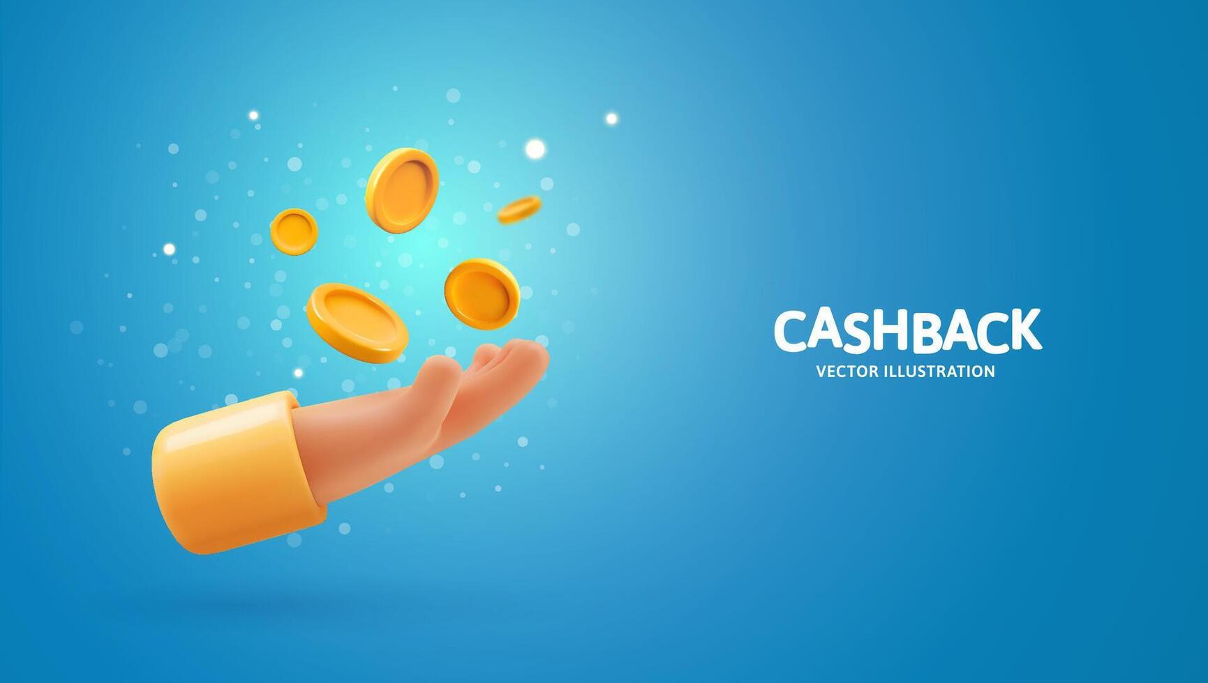 Cash back money. Business investment or financial loans. 3d human hand icon with falling coins vector illustration.