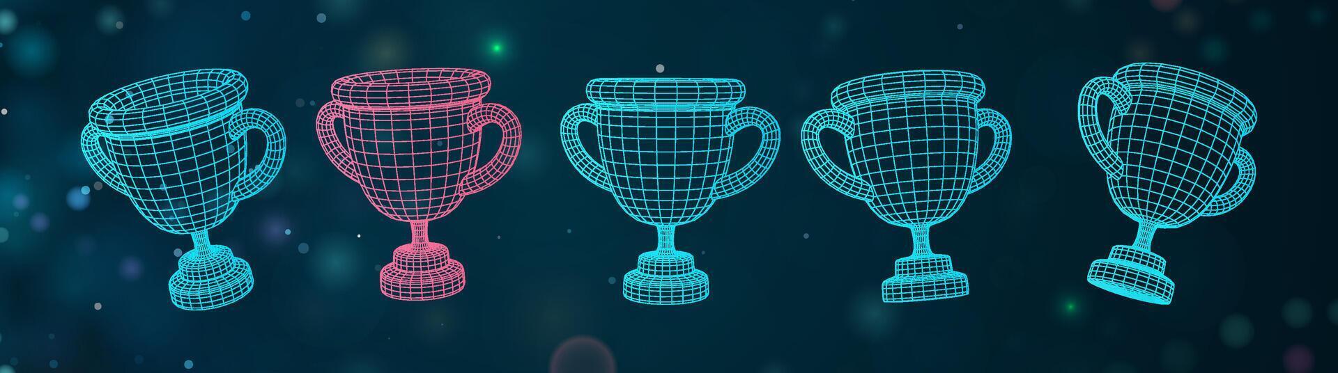 Champion cup 3d icons collection. Mesh grid winner goblet vector design elements set. Three-dimensional bowles on dark blur background. Futuristic HUD elements