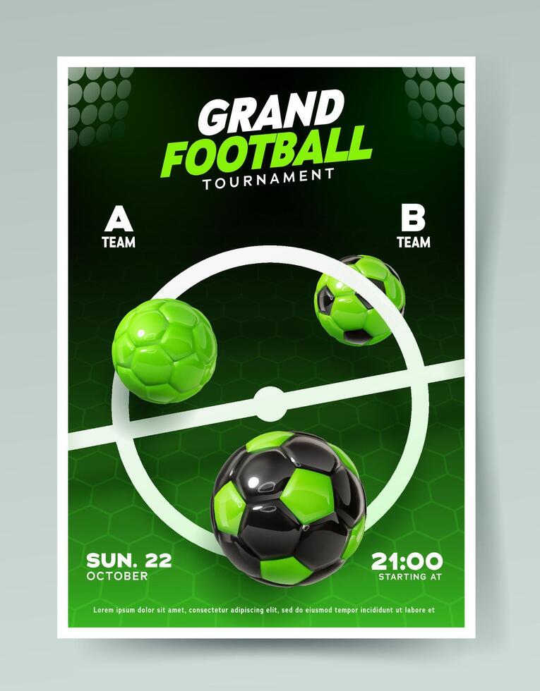 Football match layout template. Soccer league poster vector illustration. Sport games placard in green colors. 3d glossy football balls on the stadium field grass.
