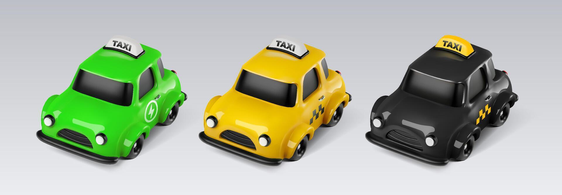 3d electric eco green, classic yellow taxi, black London cab cars. Isolated glossy toy taxi cars vector design elements. Collection of city vehicles