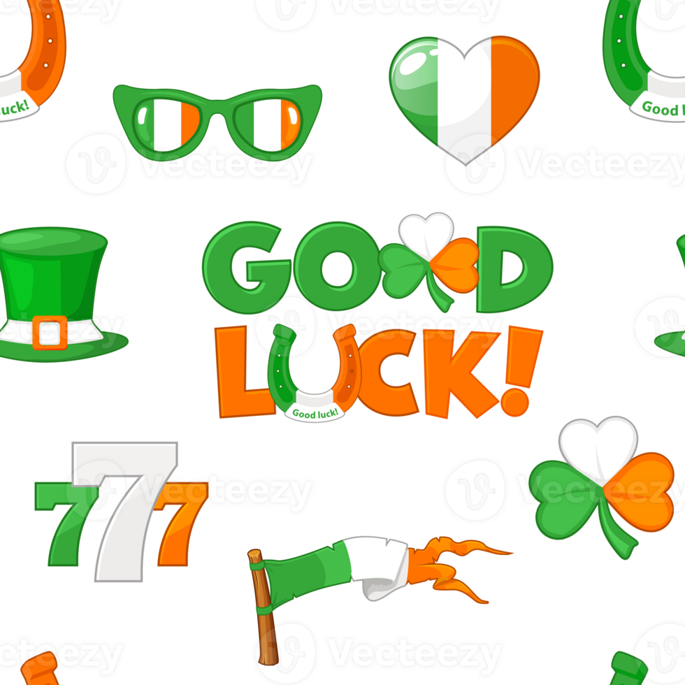 Seamless pattern with Symbols in the colors of the Irish flag for St. Patricks Day. png