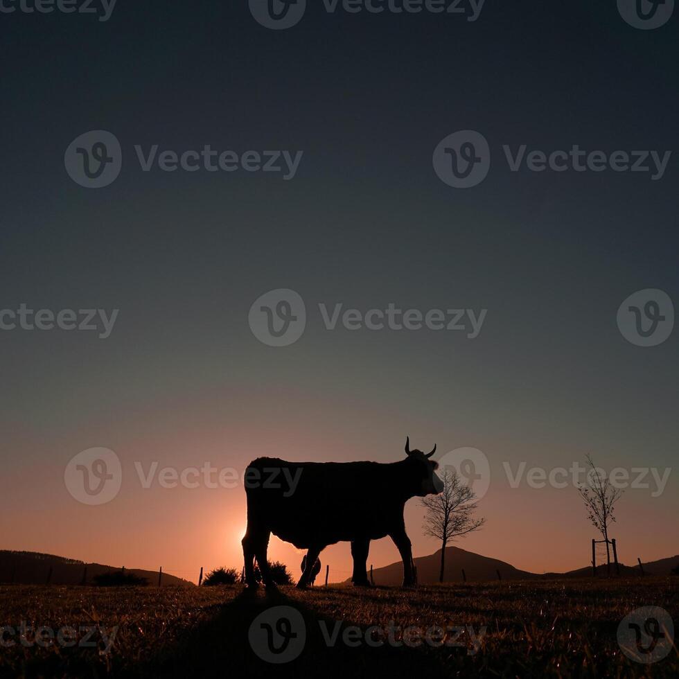 cow silhouette grazing in the meadow and sunset background photo