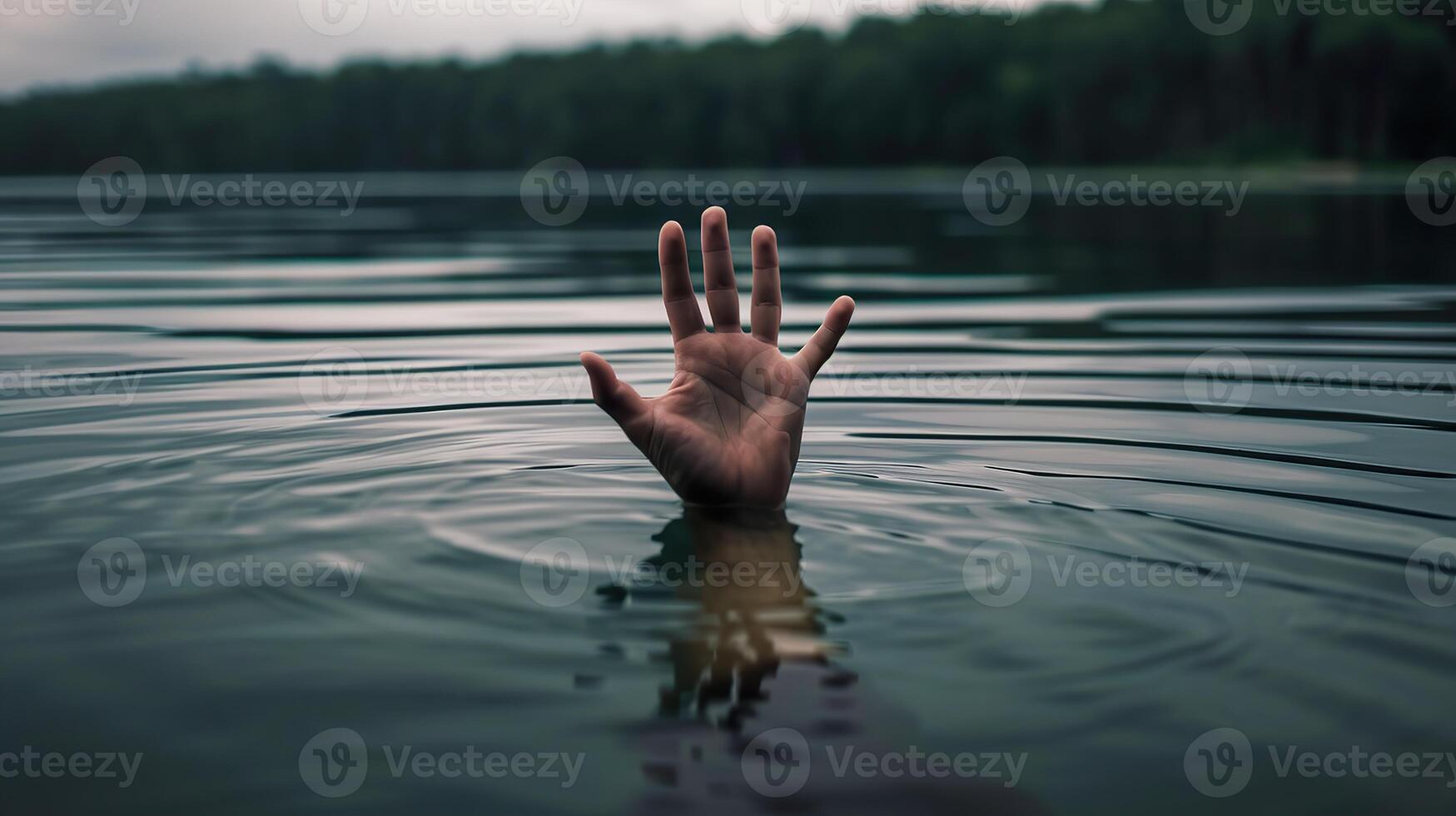 AI generated Reaching Hand Emerges from Mysterious Lake Depths photo