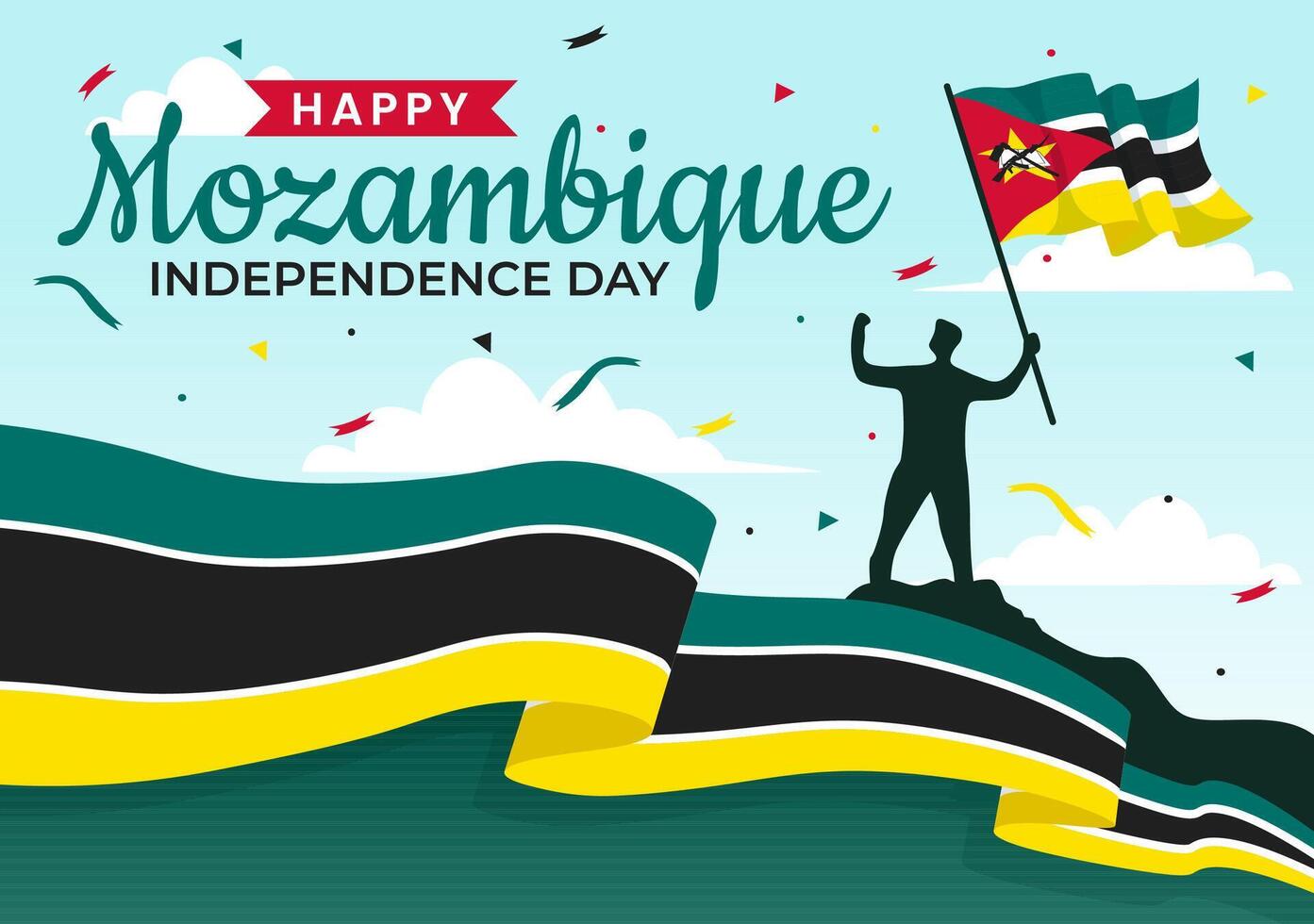 Mozambique independencia día vector ilustración en 25 junio con ondulación bandera y cinta en nacional fiesta celebracion plano dibujos animados antecedentes