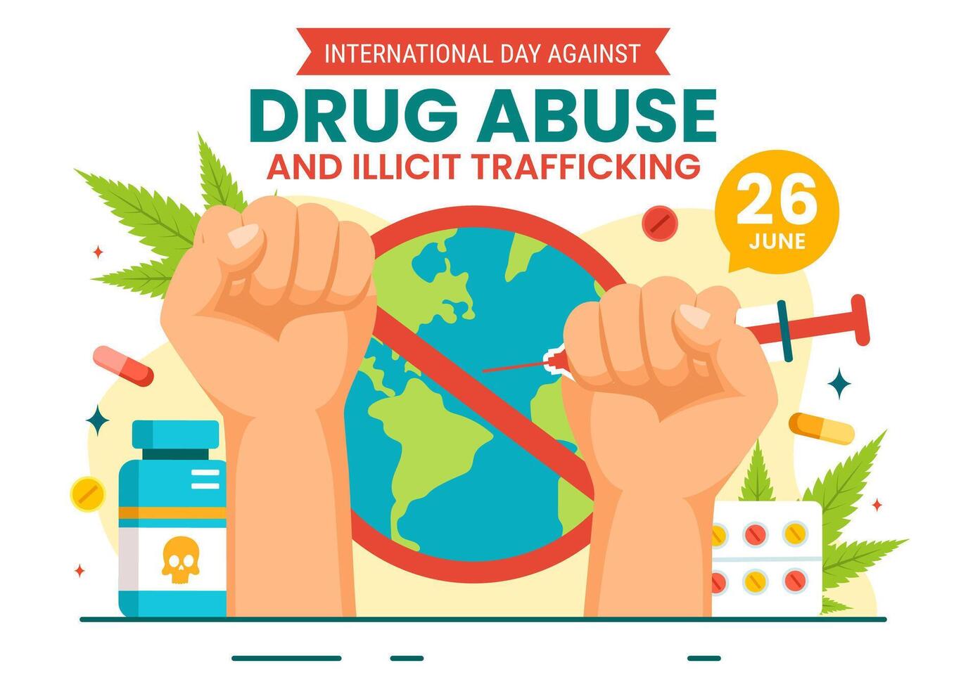 International Day Against Drug Abuse and Illicit Trafficking Vector Illustration with Anti Narcotics to Avoid Drugs and Medicines in Flat Background
