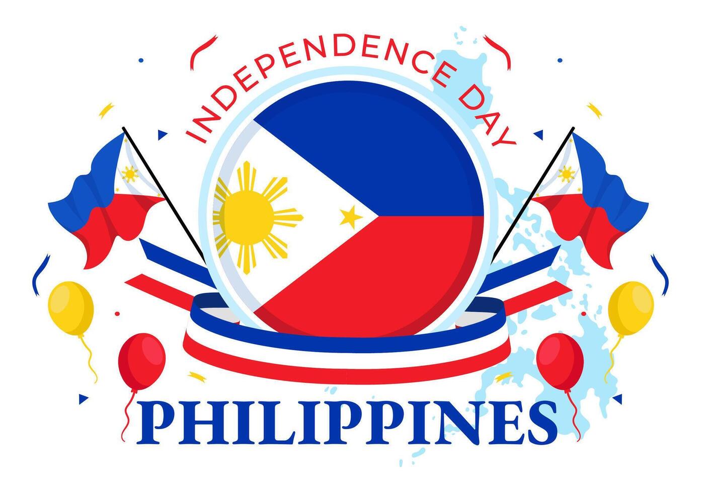 Filipinas independencia día vector ilustración en 12 junio con ondulación bandera y cinta en nacional fiesta celebracion plano dibujos animados antecedentes