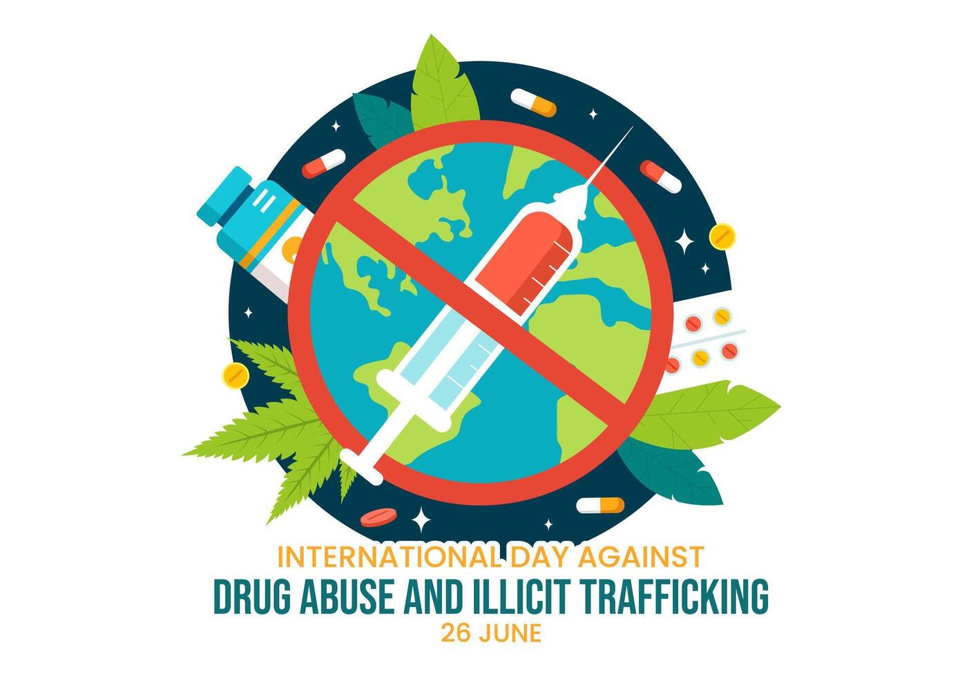 International Day Against Drug Abuse and Illicit Trafficking Vector Illustration with Anti Narcotics to Avoid Drugs and Medicines in Flat Background