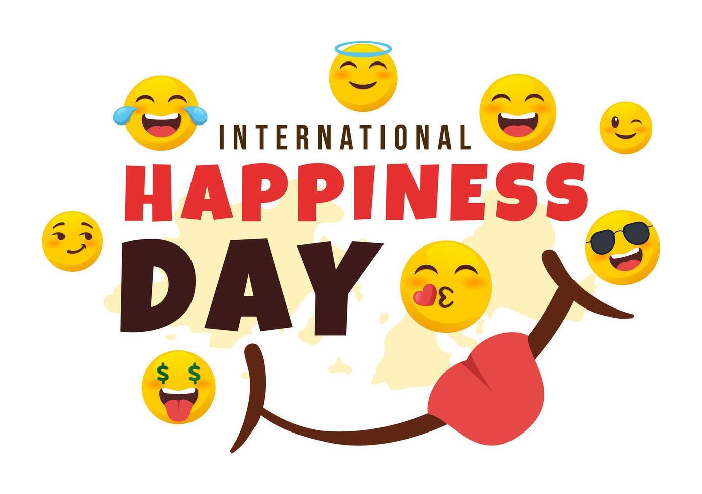 World Happiness Day Celebration Vector Illustration with on 20 March Smiling Face Expression and Yellow Background in Flat Cartoon Design