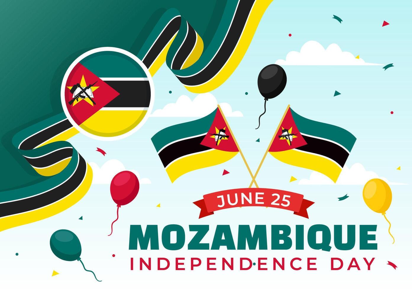 Mozambique independencia día vector ilustración en 25 junio con ondulación bandera y cinta en nacional fiesta celebracion plano dibujos animados antecedentes