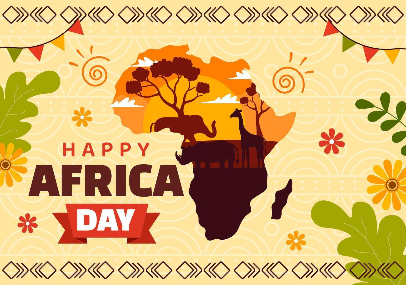 Happy Africa Day Vector Illustration on 25 May with Culture African Tribal Figures and Typical Animal in Flora and Fauna Flat Cartoon Background