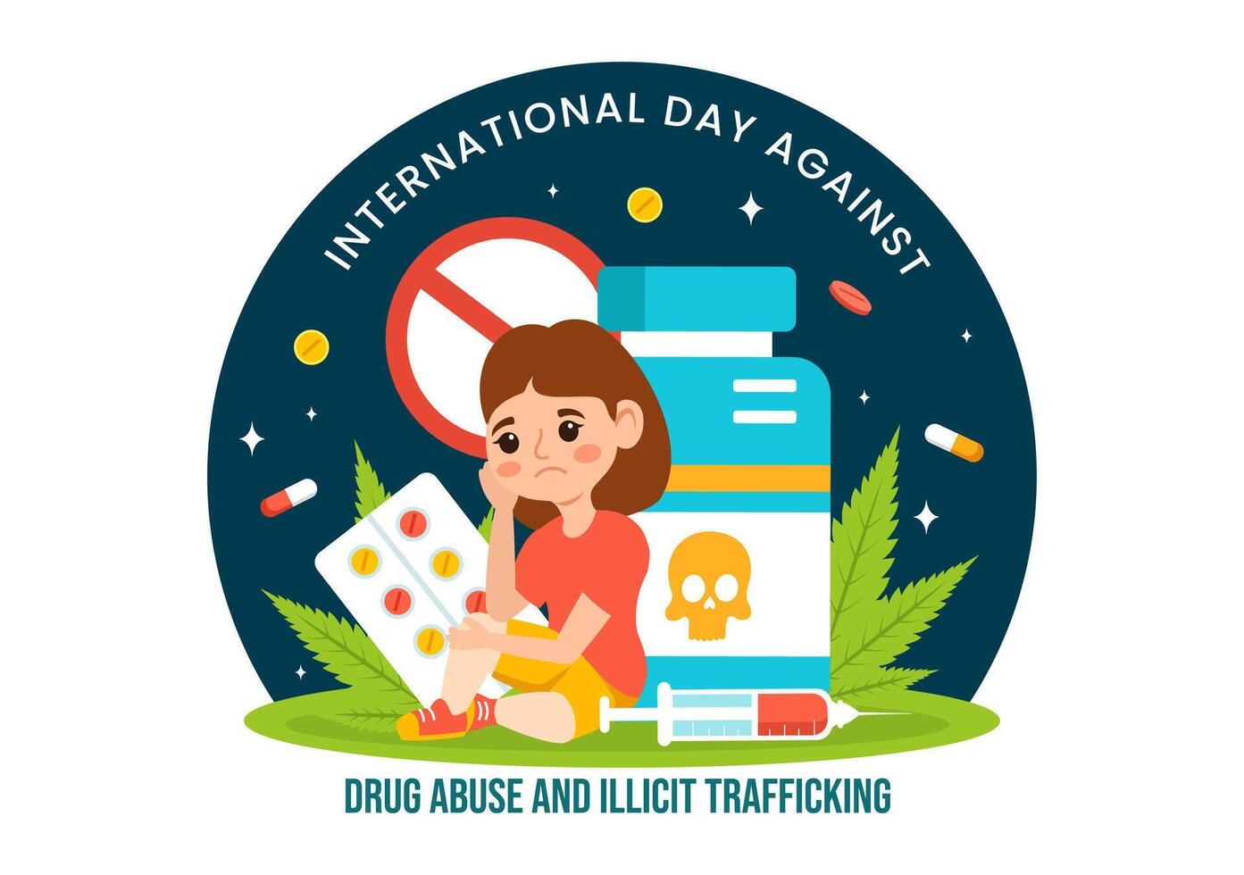 International Day Against Drug Abuse and Illicit Trafficking Vector Illustration with Anti Narcotics to Avoid Drugs and Medicines in Flat Background