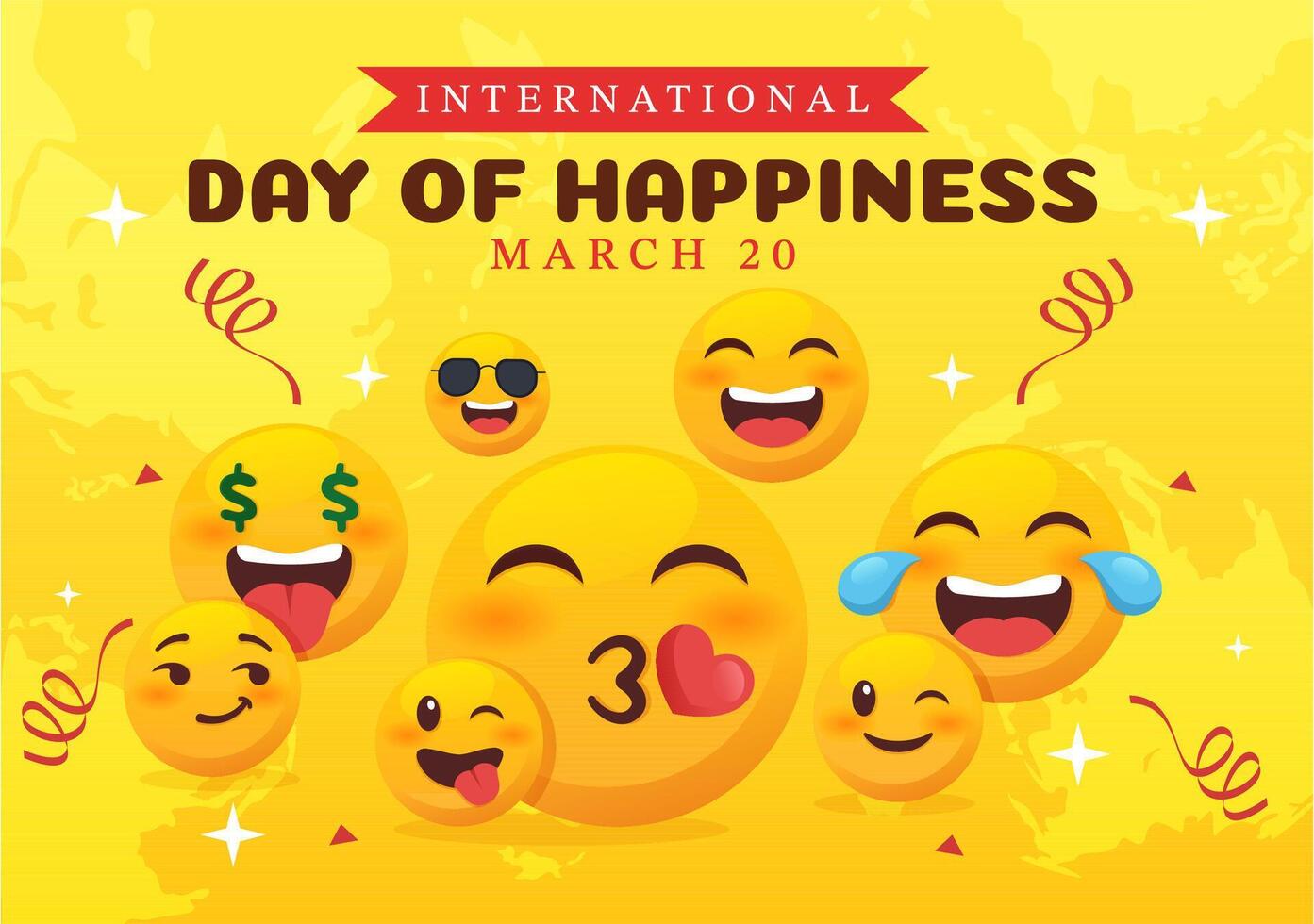 World Happiness Day Celebration Vector Illustration with on 20 March Smiling Face Expression and Yellow Background in Flat Cartoon Design