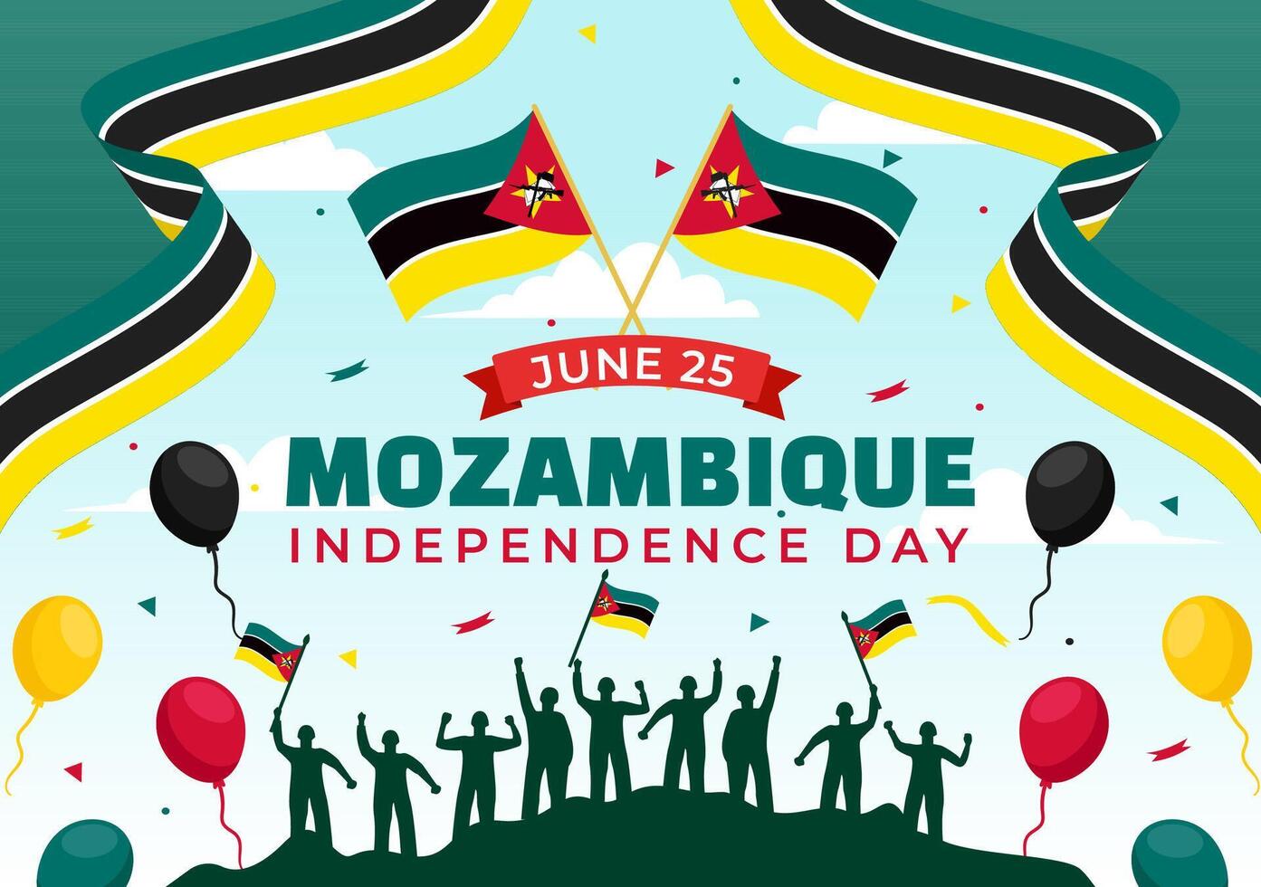 Mozambique independencia día vector ilustración en 25 junio con ondulación bandera y cinta en nacional fiesta celebracion plano dibujos animados antecedentes