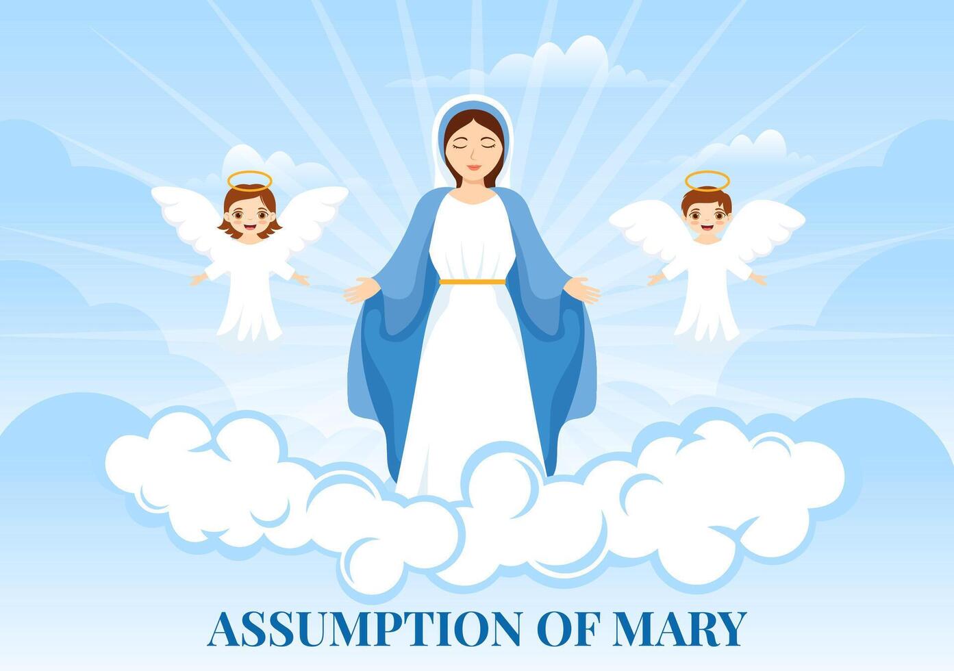 suposición de María vector ilustración con banquete de el bendito Virgen y niños ángeles en cielo en plano dibujos animados mano dibujado antecedentes plantillas