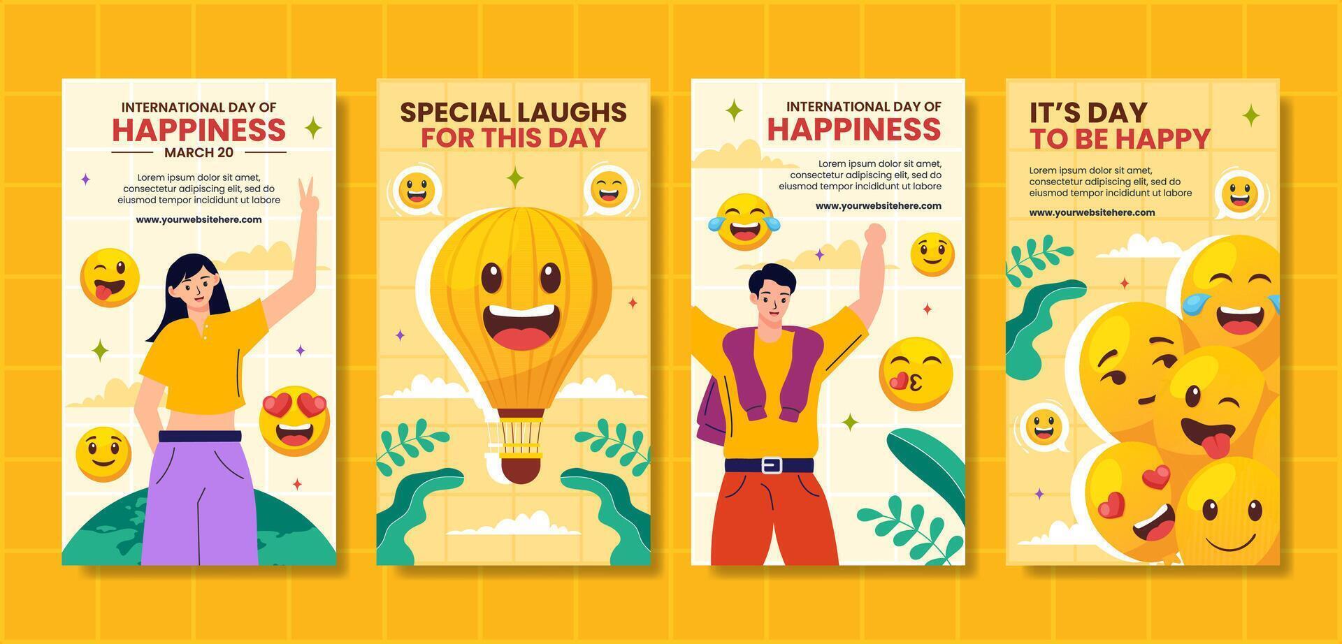 Happiness Day Social Media Stories Flat Cartoon Hand Drawn Templates Background Illustration vector