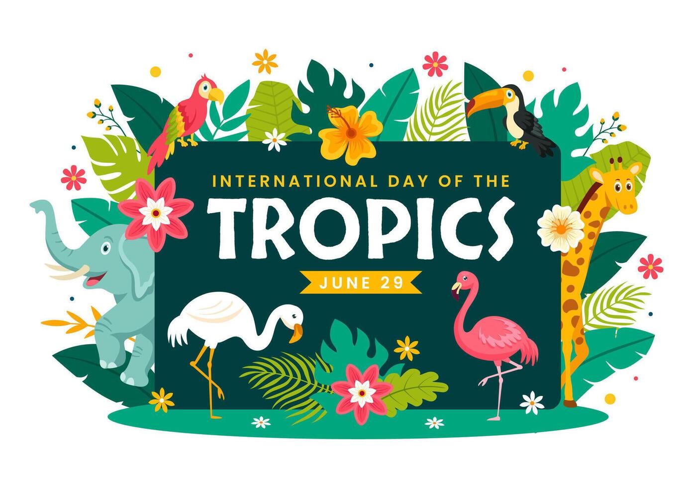 internacional día de el zona tropical vector ilustración en 29 junio con animal, césped y flor plantas a preservar trópico en naturaleza plano antecedentes