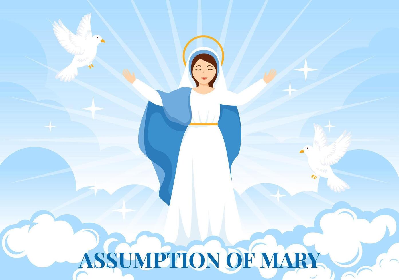 Assumption of Mary Vector Illustration with Feast of the Blessed Virgin and Doves in Heaven in Flat Cartoon Hand Drawn Background Templates