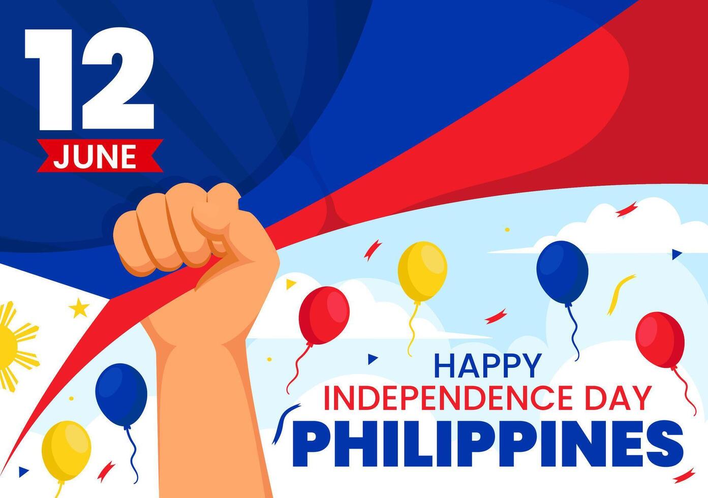 Filipinas independencia día vector ilustración en 12 junio con ondulación bandera y cinta en nacional fiesta celebracion plano dibujos animados antecedentes