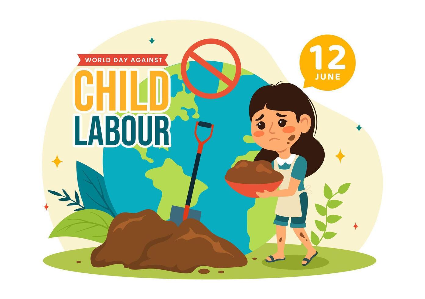 mundo día en contra niño labor vector ilustración en 12 junio con niños trabajando para el artículos de primera necesidad de vida en plano dibujos animados antecedentes