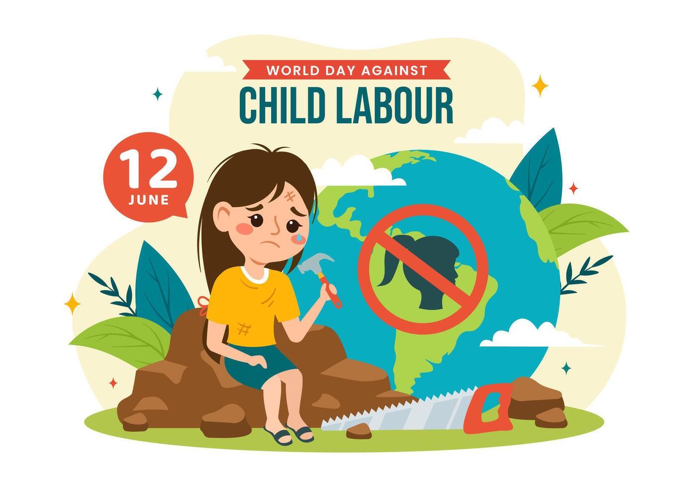 mundo día en contra niño labor vector ilustración en 12 junio con niños trabajando para el artículos de primera necesidad de vida en plano dibujos animados antecedentes