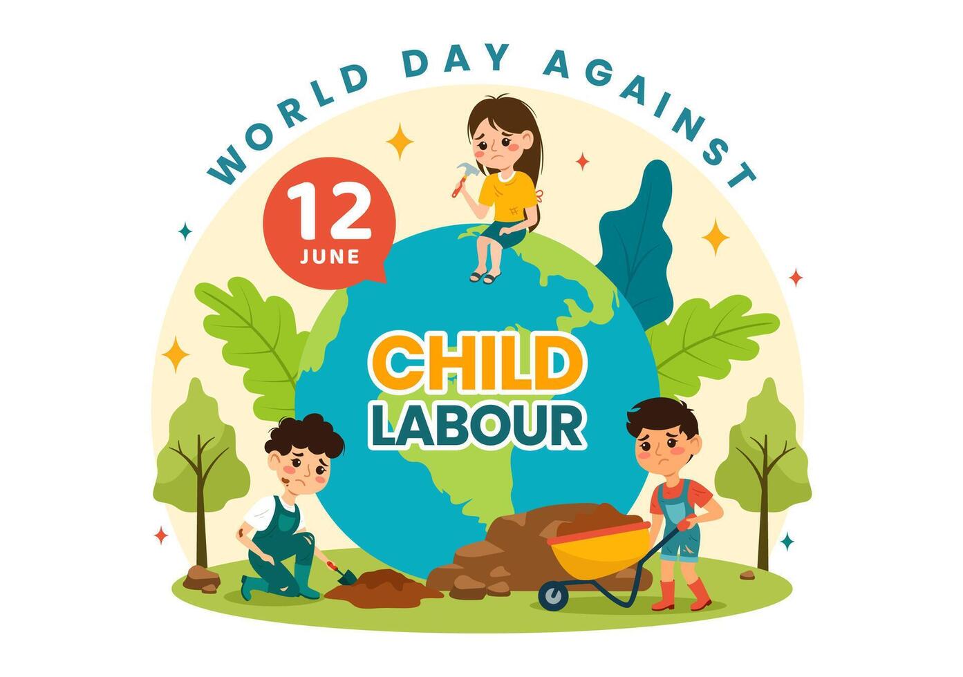 mundo día en contra niño labor vector ilustración en 12 junio con niños trabajando para el artículos de primera necesidad de vida en plano dibujos animados antecedentes