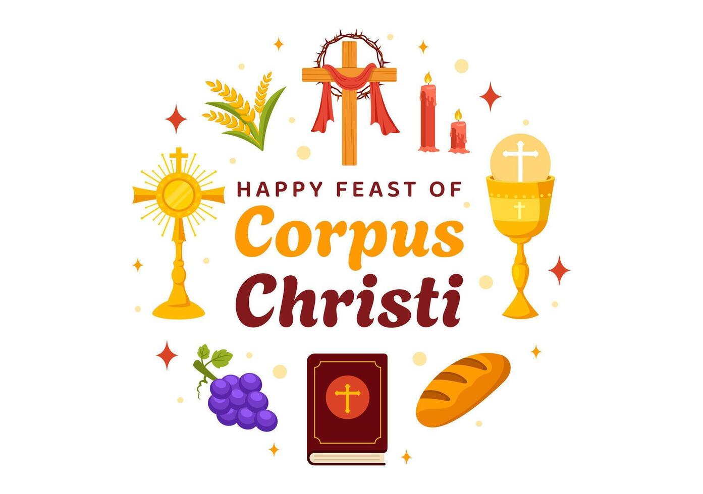 Corpus Christi Catholic Religious Vector Illustration with Feast Day, Cross, Bread and Grapes in Holiday Celebration Flat Cartoon Background