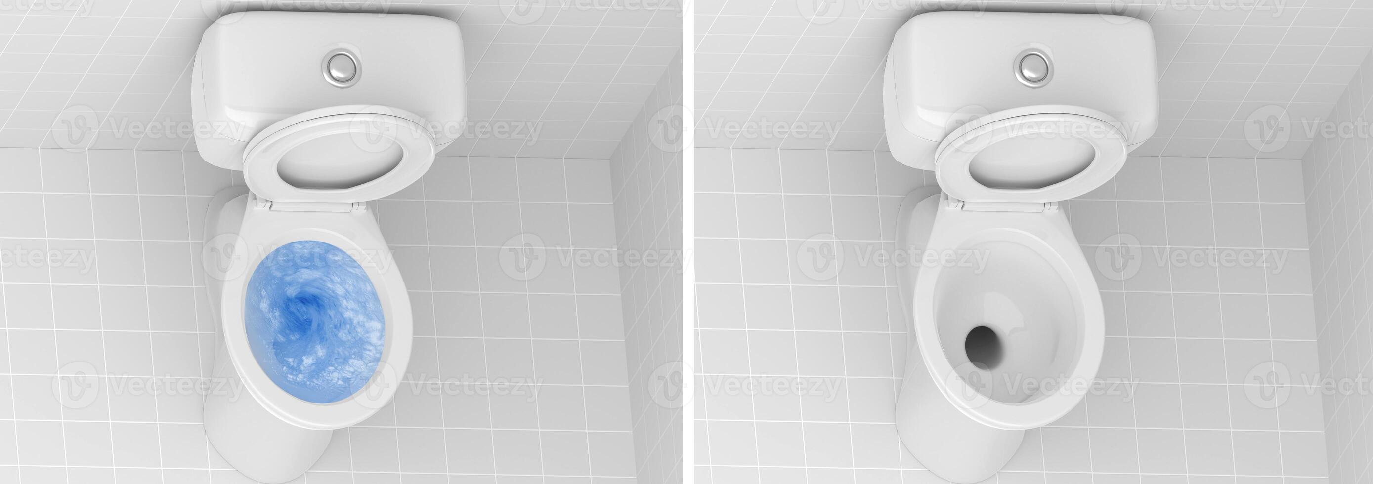 Top view of toilet bowl, blue detergent flushing in it and toilet bowl in the bathroom photo