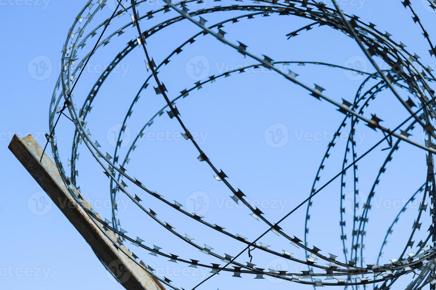 Barbed wire on the fence. Protective fencing specially protected object of barbed wire. Stamped barbed wire photo